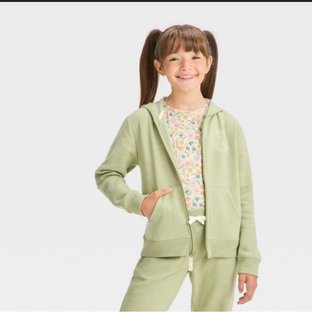 Girls' Zip-Up Fleece Hoodie Sweatshirt - Cat & Jack™ Light Olive Green L 10-12 - Picture 3 of 3